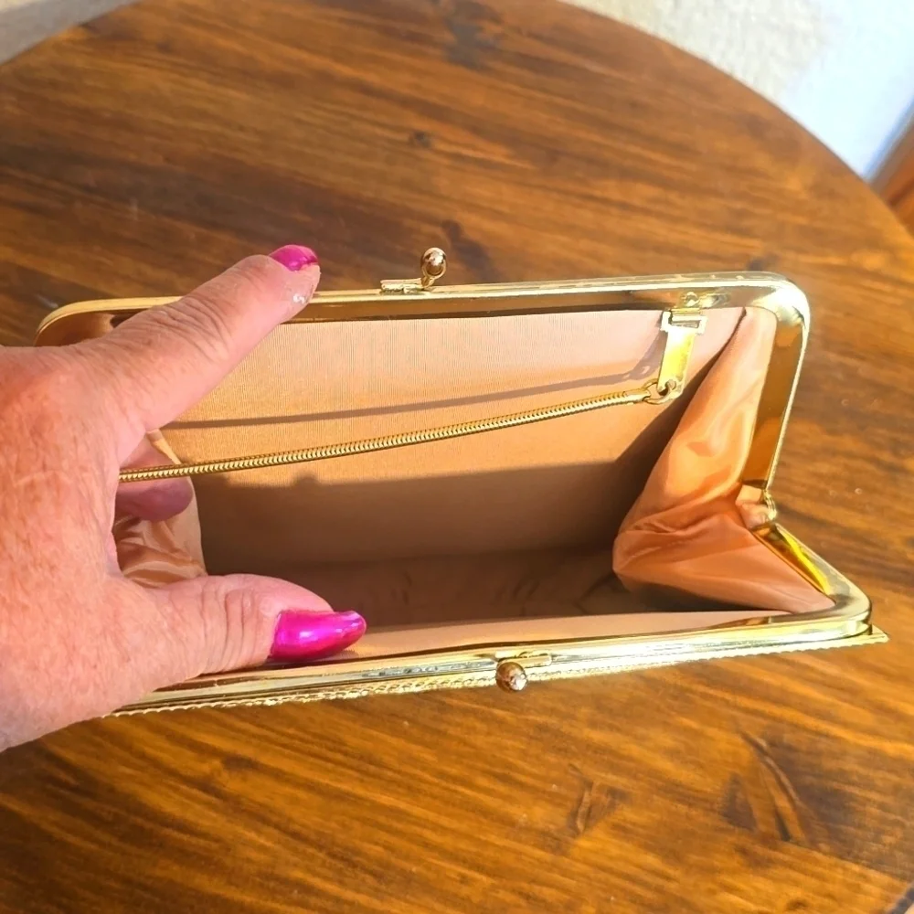 Vintage Gold Metallic Fabric Clutch Short strap Wristlet Retro PARTY Dance